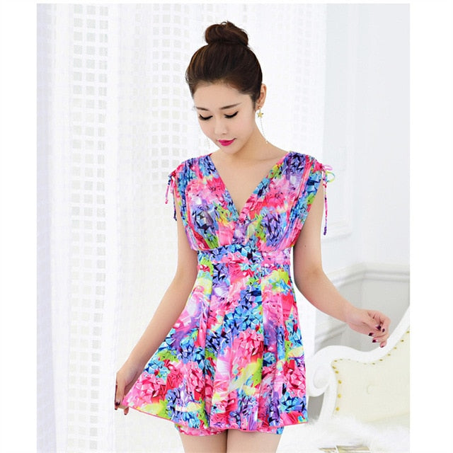 Push Up Swimming Suit for Women Plus Size Swimwear Ladies Modest Swimsuit V Neck with Underwire Skirted Bathing Suit Beach Dress