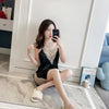 Image of QWEEK Women Sexy Nightgown Sexy Nightwear Lace V-Neck Silk Satin Nightdress 2019 Summer Lingerie Nightgown Women Night Dress