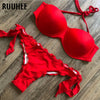 Image of RUUHEE Bandeau Bikini Swimwear Women Swimsuit Sexy Ruffle Bikini Set Push Up Bathing Suit Female Brazilian Leopard Swimsuit 2019