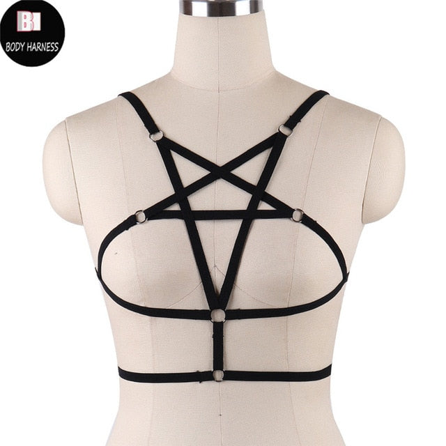 Rave Wear Pentagram Bondage Body Harness Lingerie Goth Crop Tops Fetish  Cage Bra Lingerie Harness Belt Star Harness Bra