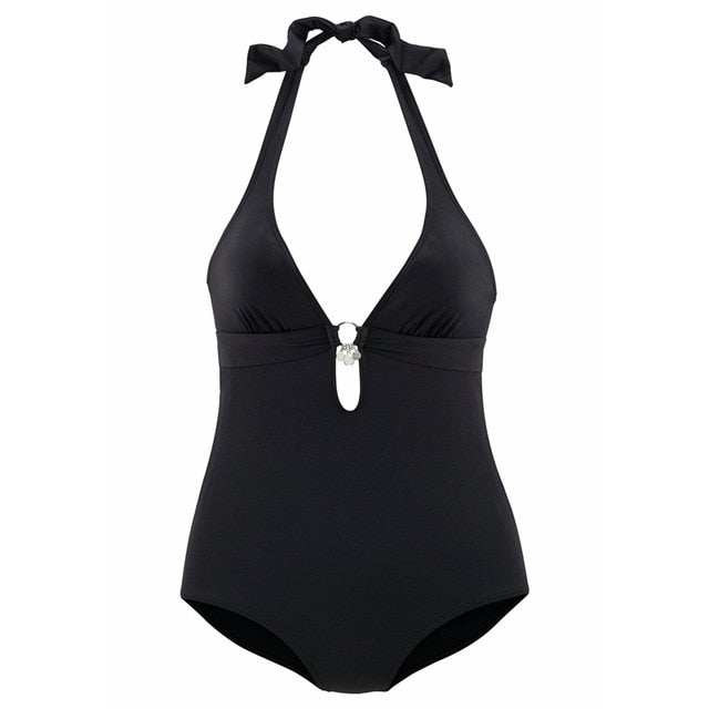 Retro One Piece Swimsuit Women Swimwear Vintage Sexy Deep V Monokini Bodysuit Solid Bath Suit Push Up Beachwear With Accessories