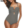 Image of Riseado Gorgeous Push Up One Piece Swimsuit Bandeau Swimwear Women Strap Solid Swimsuits Bathing Suits Ruched Beach Wear