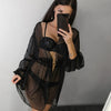Image of Riseado New Long Sleeved Beach Dress Sexy Swimwear Women Cover Ups Solid Belted Swimsuit Hollow Beach Wear Summer