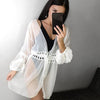 Image of Riseado New Long Sleeved Beach Dress Sexy Swimwear Women Cover Ups Solid Belted Swimsuit Hollow Beach Wear Summer