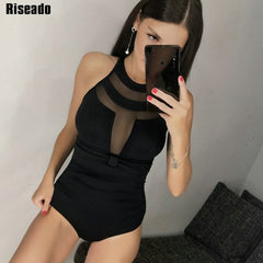 Riseado New One Piece Swimsuit Halter Push Up Swimwear Women Sexy Mesh Plunging Swim Wear Ruched Summer Beachwear Bathing Suits