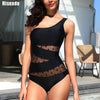 Image of Riseado One Shoulder One Piece Swimsuit 2020 Sexy Mesh Swimwear Women Bandeau Dot Beach Wear Swimsuits Solid Summer