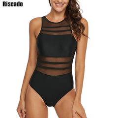 Riseado Sexy Mesh One Piece Swimsuit 2020 Push Up Swimwear Women High Neck Bathing Suit Summer Beach Wear Backless Bodysuits