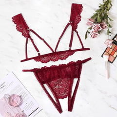 S-2XL  Sexy Women Open Thong Bra Underwear Set  V-Neck Hollow Bra +Thong  Lingerie Set  Underwear Couple Erotic Clothing 2019