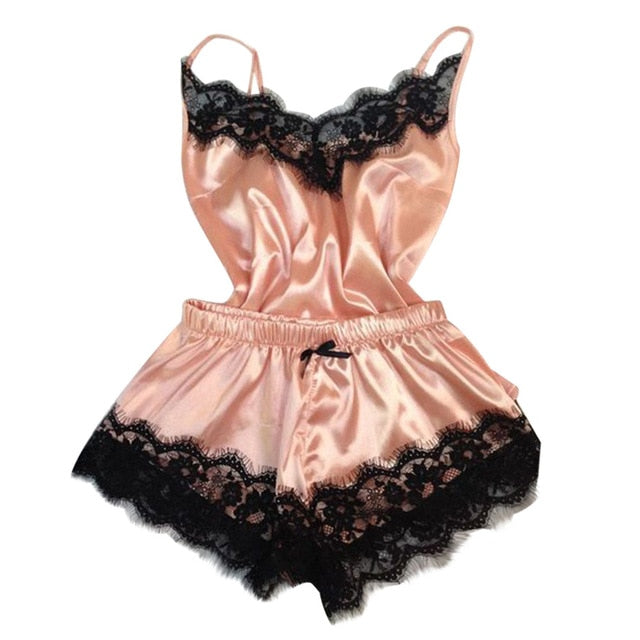 S-3XL Size Women's Sleepwear Sexy Satin Pajama Set Black Lace V-Neck Pyjamas Sleeveless Cute Cami Top and Short pijama mujer