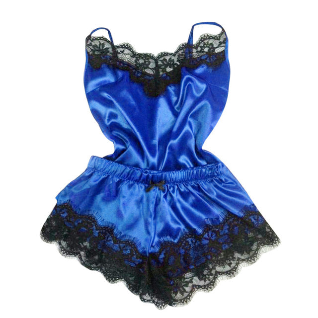 S-3XL Size Women's Sleepwear Sexy Satin Pajama Set Black Lace V-Neck Pyjamas Sleeveless Cute Cami Top and Short pijama mujer