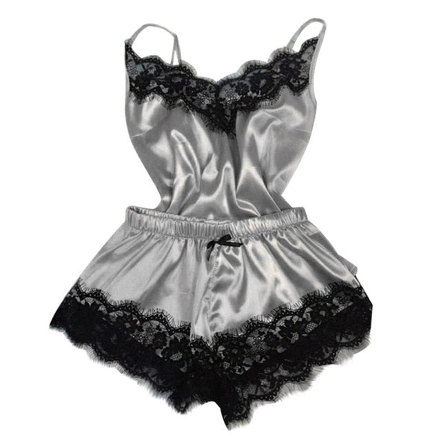 S-3XL Size Women's Sleepwear Sexy Satin Pajama Set Black Lace V-Neck Pyjamas Sleeveless Cute Cami Top and Short pijama mujer