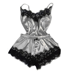 S-3XL Size Women's Sleepwear Sexy Satin Pajama Set Black Lace V-Neck Pyjamas Sleeveless Cute Cami Top and Short pijama mujer