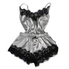 Image of S-3XL Size Women's Sleepwear Sexy Satin Pajama Set Black Lace V-Neck Pyjamas Sleeveless Cute Cami Top and Short pijama mujer