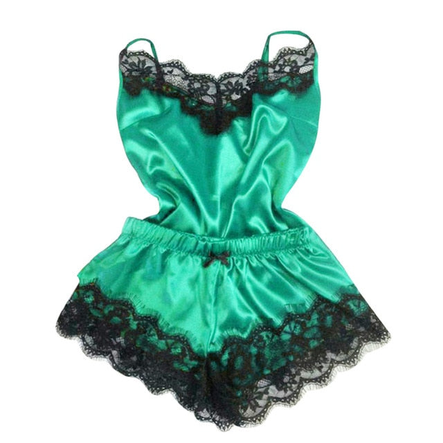 S-3XL Size Women's Sleepwear Sexy Satin Pajama Set Black Lace V-Neck Pyjamas Sleeveless Cute Cami Top and Short pijama mujer