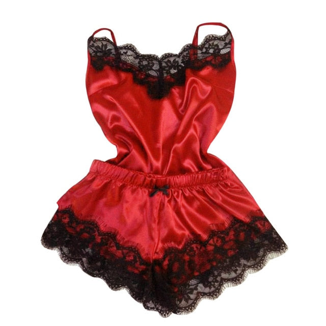 S-3XL Size Women's Sleepwear Sexy Satin Pajama Set Black Lace V-Neck Pyjamas Sleeveless Cute Cami Top and Short pijama mujer