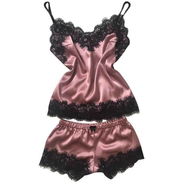 S-3XL Size Women's Sleepwear Sexy Satin Pajama Set Black Lace V-Neck Pyjamas Sleeveless Cute Cami Top and Short pijama mujer