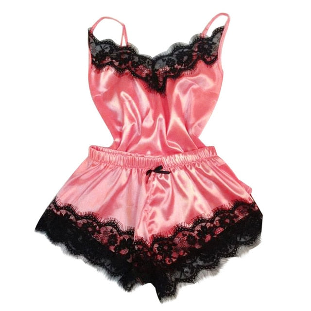 S-3XL Size Women's Sleepwear Sexy Satin Pajama Set Black Lace V-Neck Pyjamas Sleeveless Cute Cami Top and Short pijama mujer