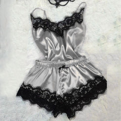 S-3XL Size Women's Sleepwear Sexy Satin Pajama Set Black Lace V-Neck Pyjamas Sleeveless Cute Cami Top and Short pijama mujer