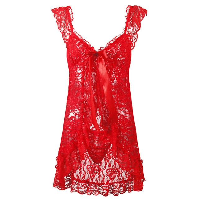 S-6XL Plus Size Dress Women's Lace Bow Pajamas Ultra Sexy Home Wear Women's Tops and Panties Sexy Lingerie Babydoll Erotic