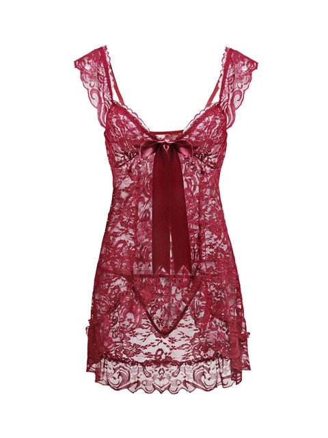 S-6XL Plus Size Dress Women's Lace Bow Pajamas Ultra Sexy Home Wear Women's Tops and Panties Sexy Lingerie Babydoll Erotic