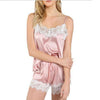 Image of SAFENH Women's Lace Sleepwear Sexy Satin Pajama Set Black Lace V-Neck Pyjamas Sleeveless Cute Cami Top and Shorts