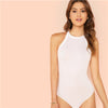 Image of SHEIN Black Minimalist Highstreet Solid Slim Fitted Halter Round Neck Skinny Summer Bodysuit Women Sexy Streetwear Bodysuits