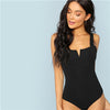 Image of SHEIN Black V-Cut Front Bodysuit Sexy Straps Plain Skinny Sleeveless Bodysuits Women Autumn Stretchy Minimalist Bodysuits