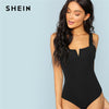 Image of SHEIN Black V-Cut Front Bodysuit Sexy Straps Plain Skinny Sleeveless Bodysuits Women Autumn Stretchy Minimalist Bodysuits