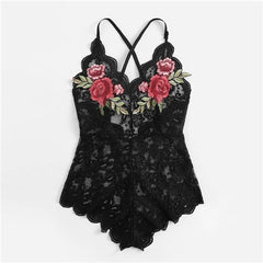 SHEIN Sexy Cross Appliques Lace Teddy Romper Hot Women V Neck Sleeveless Embroidery Intimate Appliques Lingerie Rompers Onesies