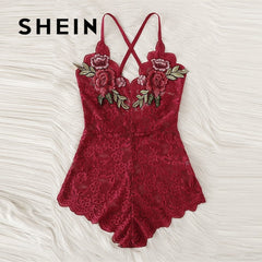 SHEIN Sexy Cross Appliques Lace Teddy Romper Hot Women V Neck Sleeveless Embroidery Intimate Appliques Lingerie Rompers Onesies
