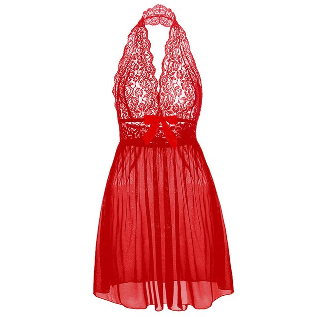 Sexy Exotic Plus Size Woman Female Lace Sleepwear Lingerie Set Women Bridal Babydoll Dress Solid Red Lace Backless Dress