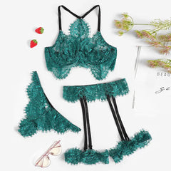 Sexy Exquisite Lace Lingerie Bra and Briefs with Garter Set Babydoll Cut-Out Sleepwear Underwear Nightwear Gift for Girlfriend