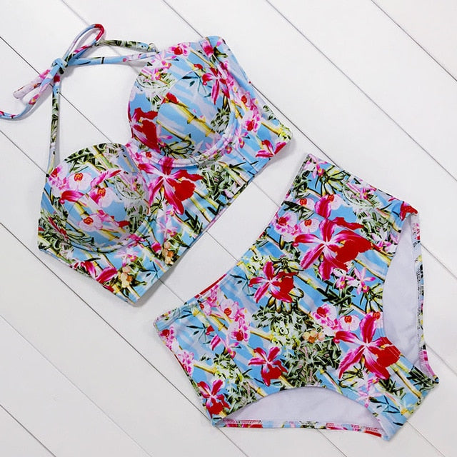 Sexy Floral Print High Waist Swimsuit 2020 Bikini Push Up Swimwear Women Vintage Biquini Bathing Suit  Maillot de Bain Femme XXL