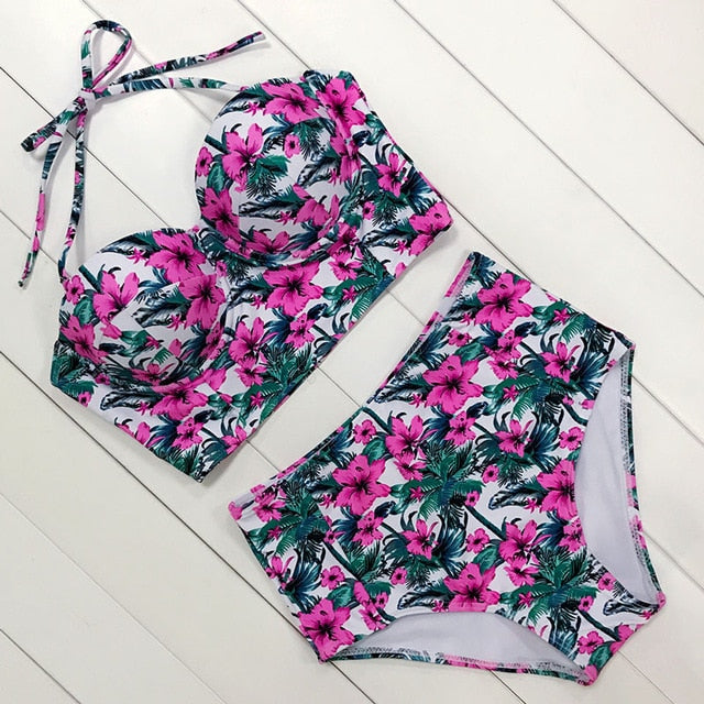 Sexy Floral Print High Waist Swimsuit 2020 Bikini Push Up Swimwear Women Vintage Biquini Bathing Suit  Maillot de Bain Femme XXL