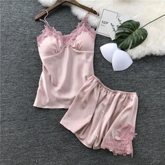 Sexy Lingerie Women Lace Pajamas Summer Silk Satin Chest Pad Embroidery Pajamas Women Pijama mujer Ladies Sleepwear pyjama femme
