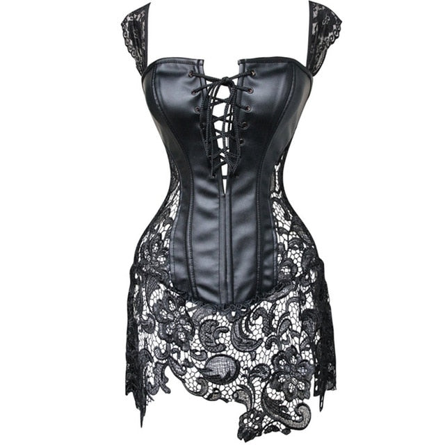 Sexy Lingerie with G-string Sets Women Faux Leather&Lace Burlesque Steampunk Corset Set Waist Gothic Bustier Corpet Plus Size