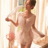 Image of Sexy Mesh Women Lingerie Nightwear Black White Lace Embroidery Wing V-Neck Sleeveless Sleepwear Mini Night Dress Gecelik Nighty