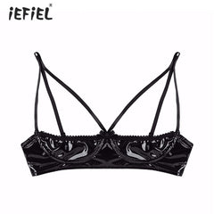 Sexy Women Lingerie Erotic Wetlook Faux Leather Bra Top Adjustable Spaghetti Straps Half Open Cup Bra Tops Wire-free Unlined Bra