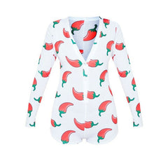 Sexy Women Stretch Button Deep V Neck Bodycon Sexy Lingerie Long Sleeve Print Sleepwear Jumpsuit Romper Bodysuit Leotard