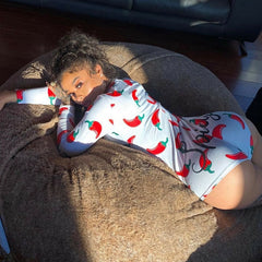 Sexy Women Stretch Button Deep V Neck Bodycon Sexy Lingerie Long Sleeve Print Sleepwear Jumpsuit Romper Bodysuit Leotard