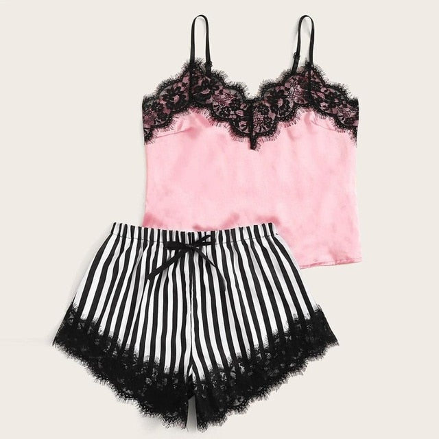 Sexy Women Striped Satin Silk Lace Sleepwear Lace Floral V Neck Sleeveless Lingerie Tops+Nightwear Shorts Women Pajamas Sets