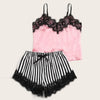 Image of Sexy Women Striped Satin Silk Lace Sleepwear Lace Floral V Neck Sleeveless Lingerie Tops+Nightwear Shorts Women Pajamas Sets