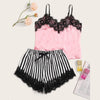 Image of Sexy Women Striped Satin Silk Lace Sleepwear Lace Floral V Neck Sleeveless Lingerie Tops+Nightwear Shorts Women Pajamas Sets