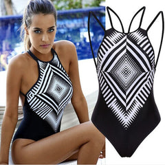 Sexy Women's One Piece Geometric print Swimsuit Backless High Neck Swimwear Bathing Monokini Push Up Padded Bikini  swim suit