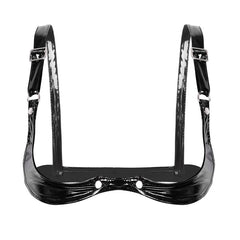 Sexy Womens Wetlook Faux Leather Bra Adjustable Spaghetti Straps Wire-free Bra Half Bra Lingerie Open Cup Bra Tops for Nightclub