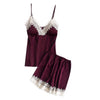 Image of Silk Sexy Lace Women Pajamas Shorts Suit Korean Sexy Sleeveless Sleepwear 2PC Set Lingerie Ladies Nightwear Underwear Babydoll#W