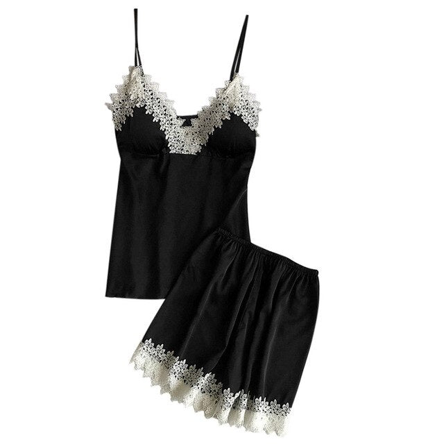 Silk Sexy Lace Women Pajamas Shorts Suit Korean Sexy Sleeveless Sleepwear 2PC Set Lingerie Ladies Nightwear Underwear Babydoll#W
