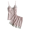 Image of Silk Sexy Lace Women Pajamas Shorts Suit Korean Sexy Sleeveless Sleepwear 2PC Set Lingerie Ladies Nightwear Underwear Babydoll#W