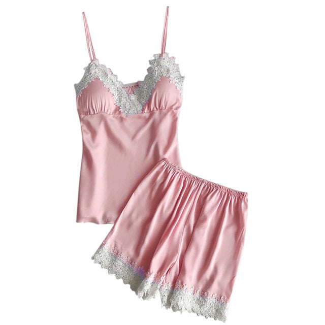Silk Sexy Lace Women Pajamas Shorts Suit Korean Sexy Sleeveless Sleepwear 2PC Set Lingerie Ladies Nightwear Underwear Babydoll#W