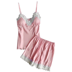 Silk Sexy Lace Women Pajamas Shorts Suit Korean Sexy Sleeveless Sleepwear 2PC Set Lingerie Ladies Nightwear Underwear Babydoll#W
